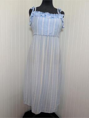 BCBG Paris Light Blue Striped Midi Dress with Ruffle Detail Size L
